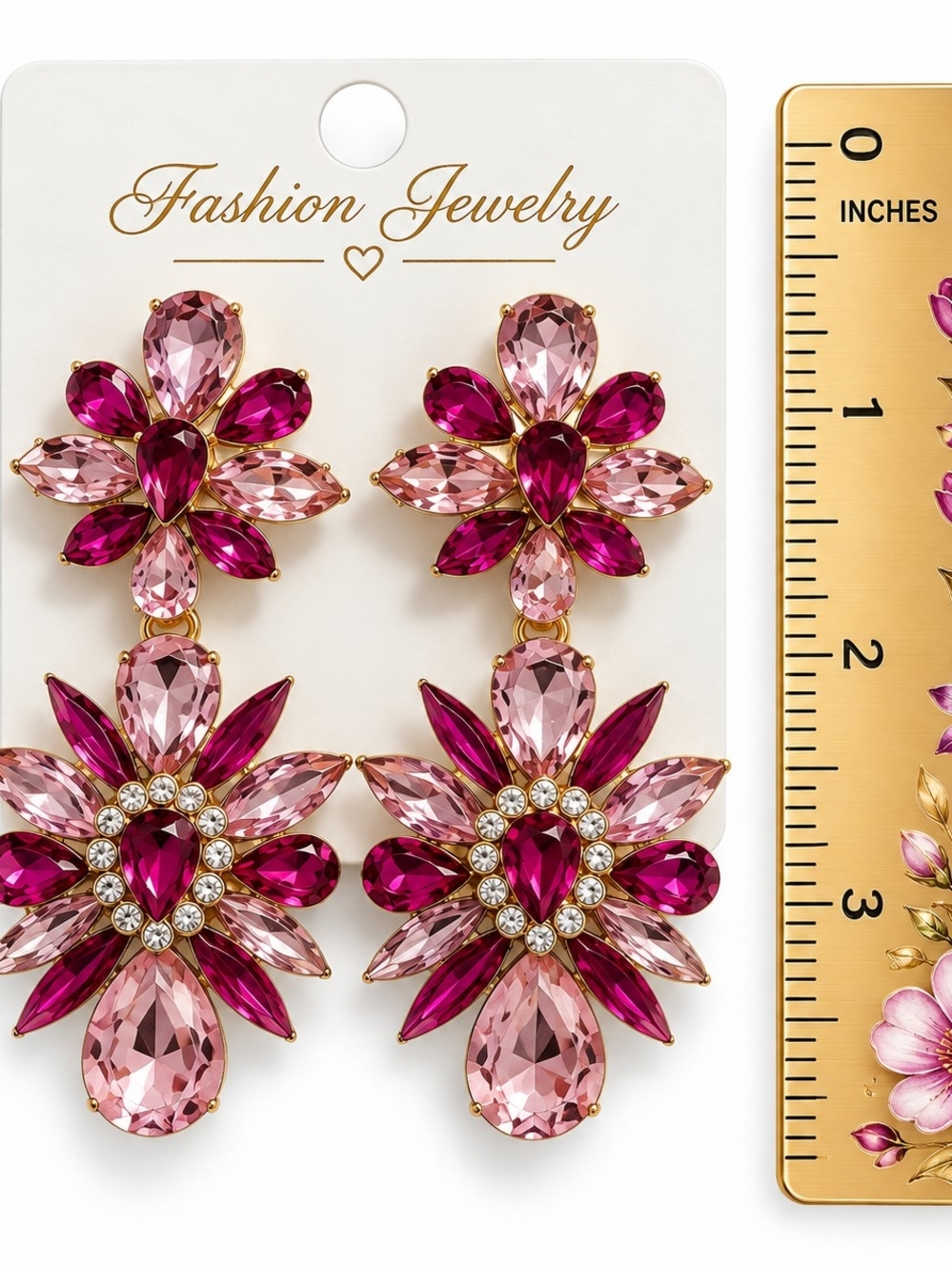 Fashion Jewelry Hot Pink and Light Pink Crystal Floral Drop Earrings